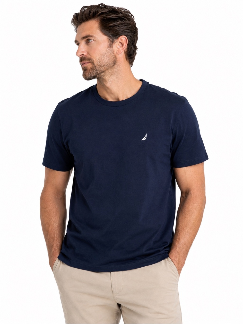 Nautica Mens Large Navy Blue 100% Cotton Logo Crew Neck Short Sleeve T Shirt